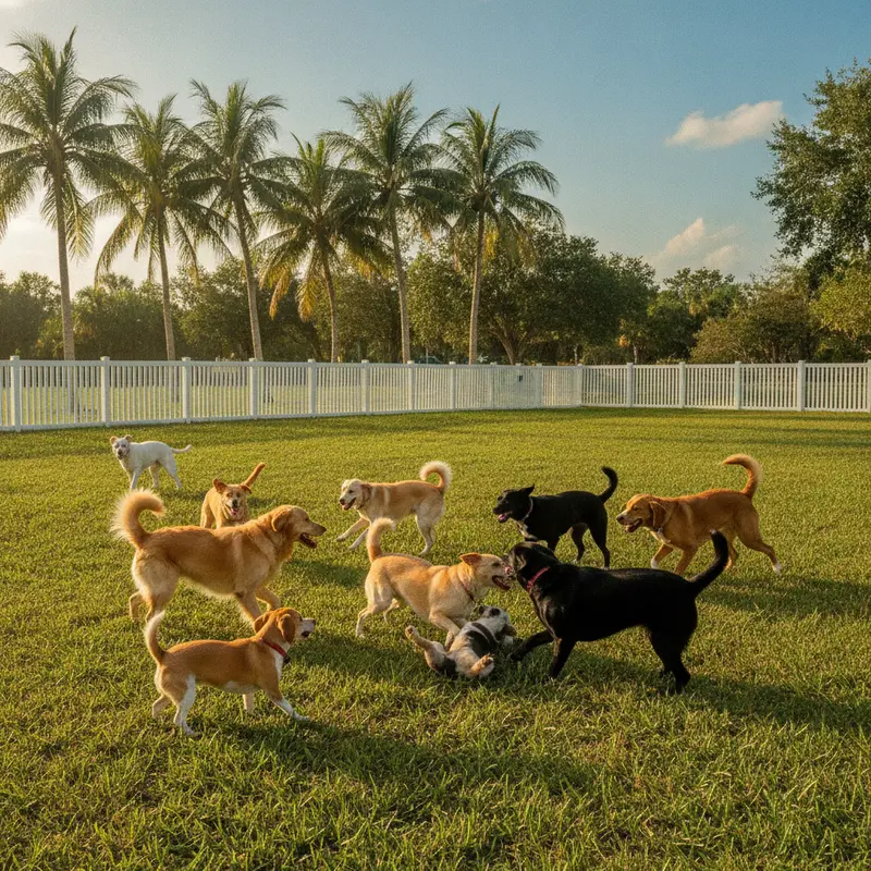 A group of dogs playing together at a South Florida dog park