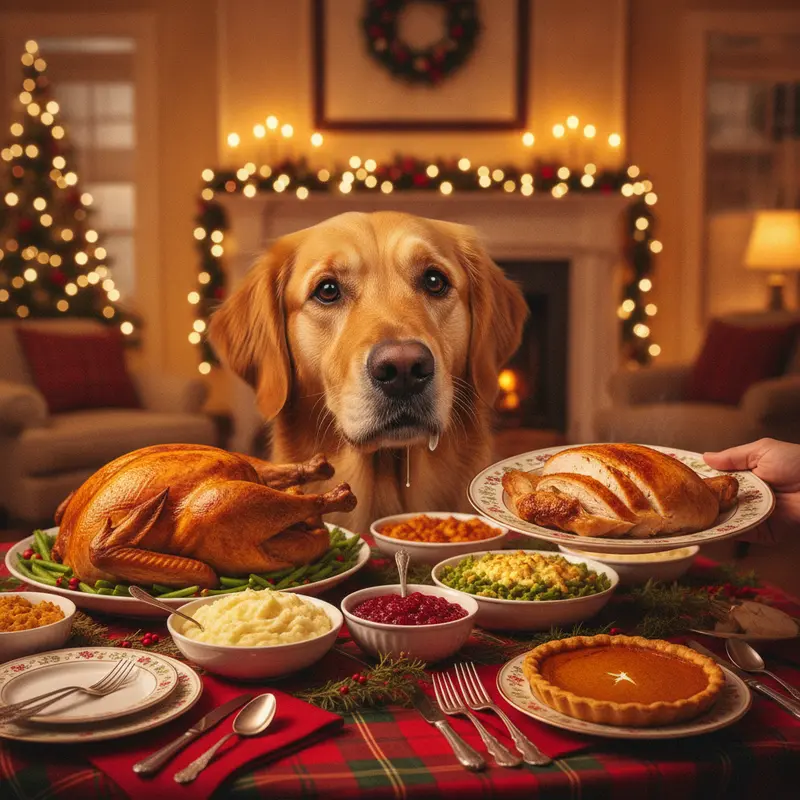 A dog looking longingly at a holiday dinner table full of food