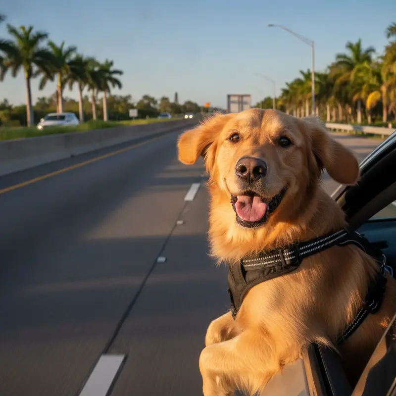 A happy dog riding safely in a car harness on a South Florida road trip