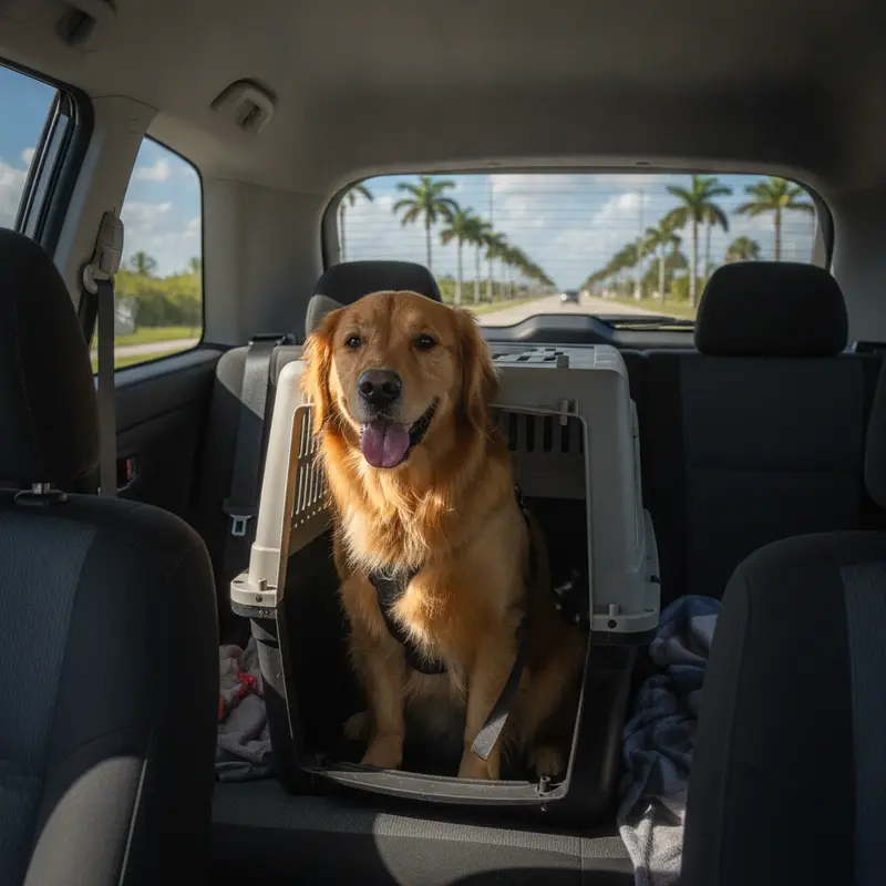 A dog looking out the window of a car on a sunny Miami road trip