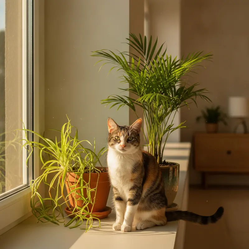 A curious cat sniffing a leafy houseplant on a sunny windowsill